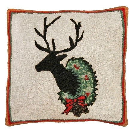 Deer with Wreath 18 x 18 Hand Hooked Pillow