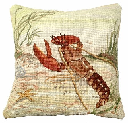 Lobster 18 x 18 Needlepoint Beige Velvet Pillow