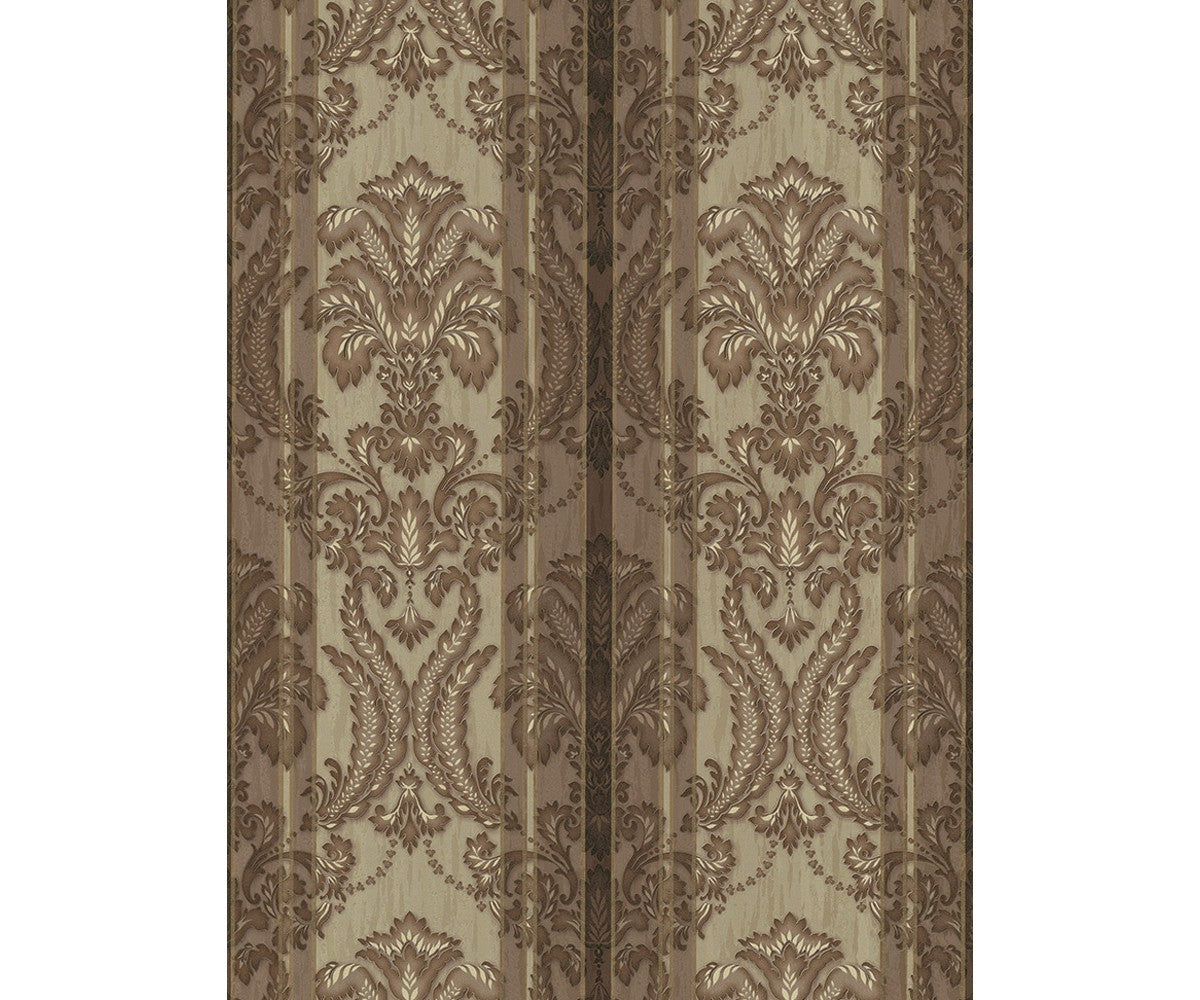 Ornated Floral Damask Stripes Brown 5781-27 Wallpaper