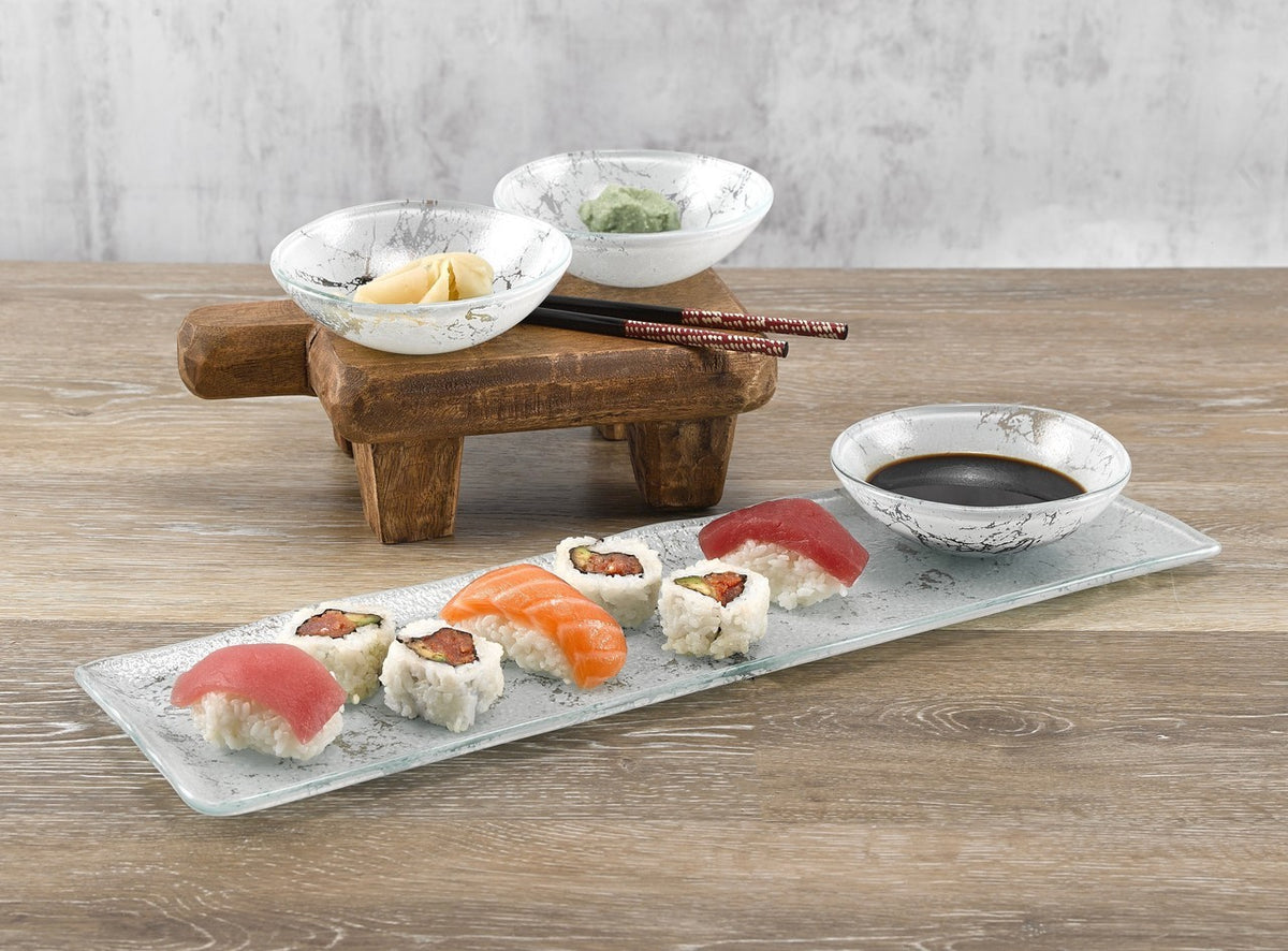 Sushi 4 pc Set White Glass Marble Decor