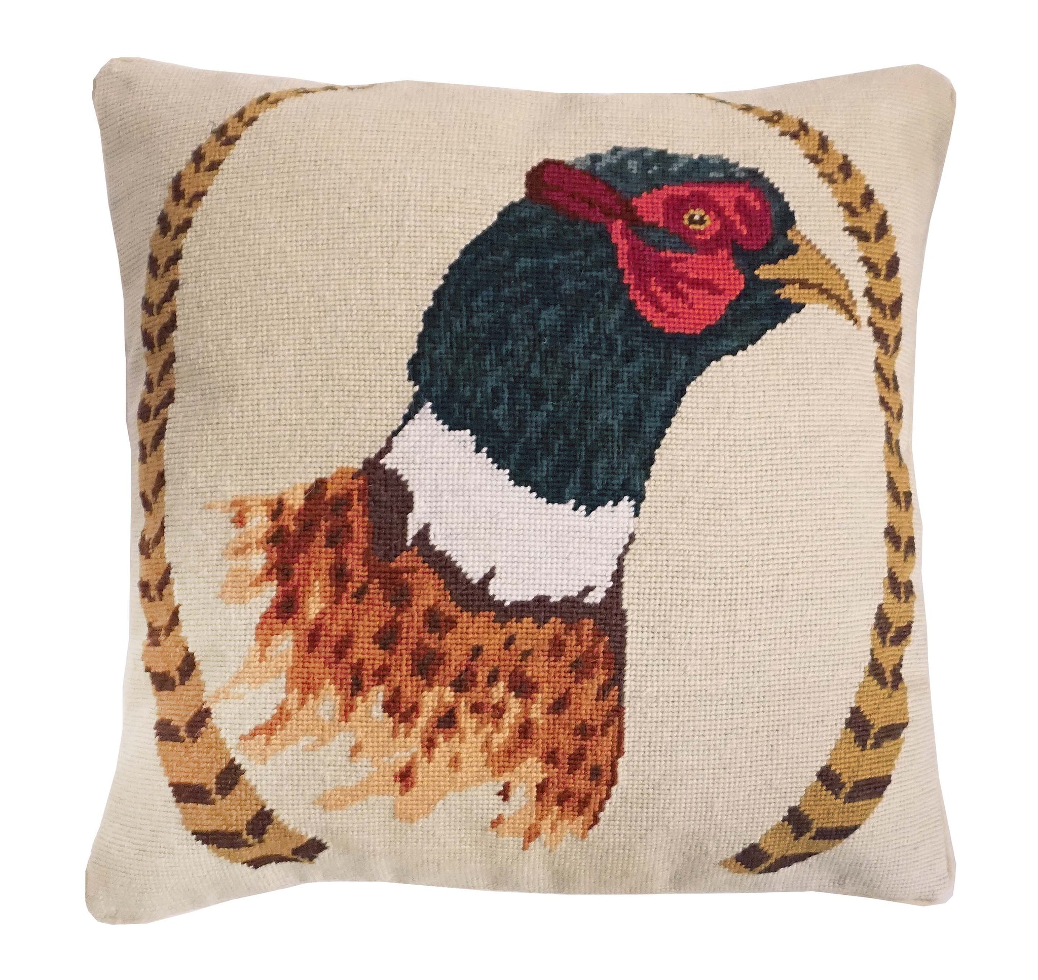 Pheasant and Feathers 18x18 Needlepoint Pillow