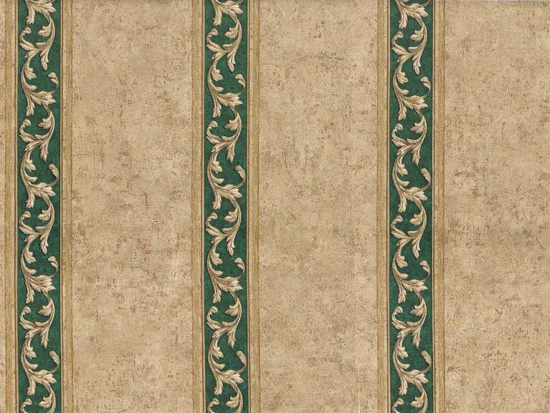 Faux Stripes Gold Scroll Leaves Green FF51104 Wallpaper