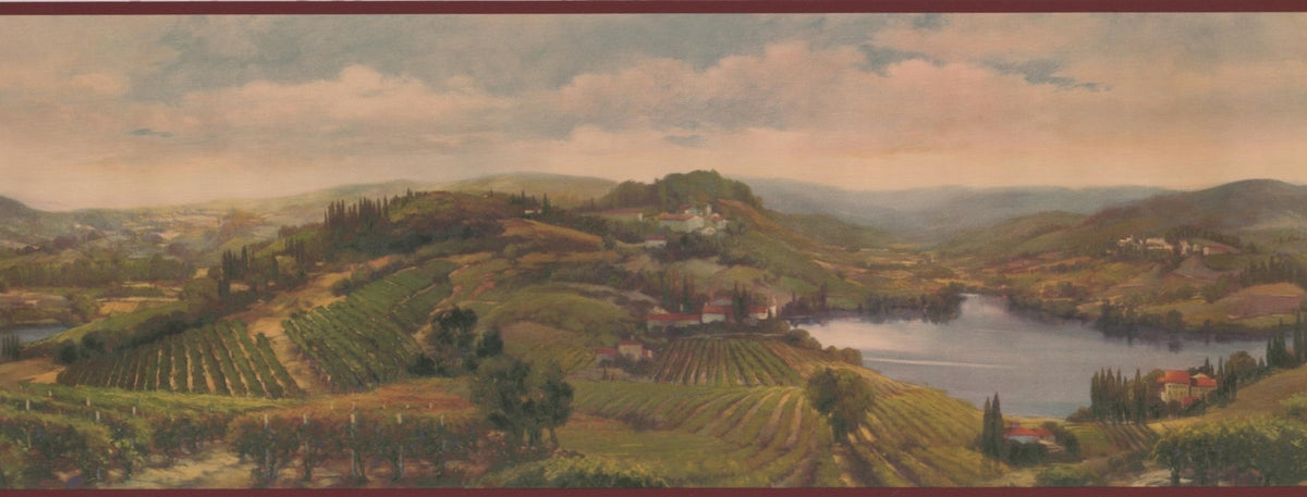 Village on Rolling Hills by Lake Red AU5132B Wallpaper Border